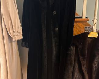 Vintage full length black velvet and fur coat 