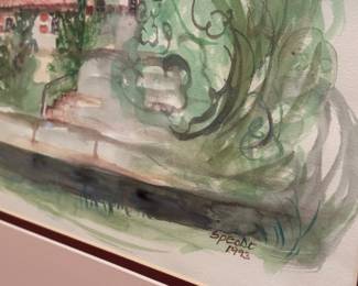Pink & Green Watercolor (castle) signed by Specdt, 1993