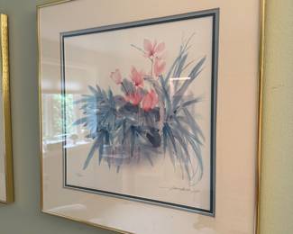 Signed and numbered Watercolor; (pink & blue floral) #1