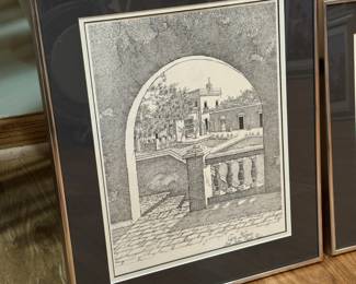 Scenes from San Juan, Puerto Rico; series of black & white drawings 