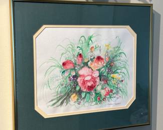 Floral watercolor (Pink Roses), signed 