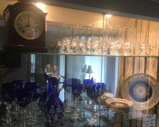 WATERFORD STEMWARE.                                                                 COBALT BOHEMIAN DECANTER AND STEMS.                       BAVARIAN DESSERT/LUNCHEON SET