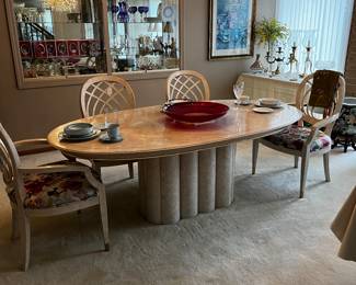 CUSTOM DINING TABLE, SIX CHAIRS. TABLE HAS TWO LEAVES AND PADS