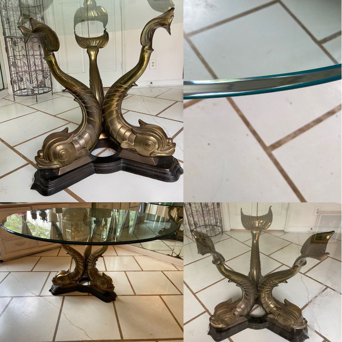 Hollywood Regency Brass Koi Dining Table with Beveled Round Glass Top