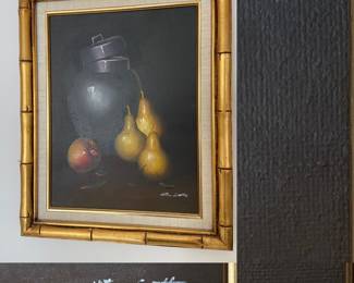 Signed Painting on Canvas Gold Bamboo Framed 