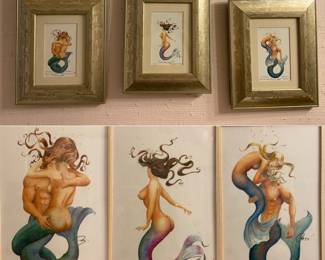 ( 3 ) Mermaid framed Art Pencil Signed