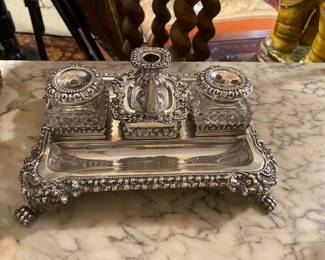 19th century, silver plated ink well set