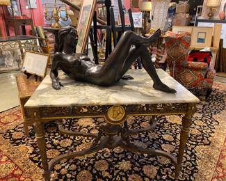 Fabulous 19 century marble top and Guilt wood Writing table with nude bronze girl