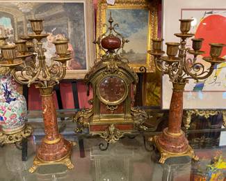 Fabulous three-piece Tiffany and Company early 20th century marble and bronze mantle clock with candle labras.
