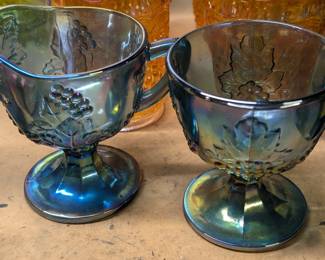 Vintage Carnival Blue Iridescent Harvest Grapes Creamer and Sugar Set