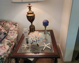 Midcentury Glass Top Side Table- Table Lamp -'Coral - Shells
