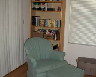 Light Wood 5 Shelf Bookcase #1 ; Light Green Swivel Armchair with Ottoman.