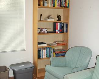 Light Wood 5 Shelf Bookcase #2 ; Light Green Swivel Armchair (No Ottoman).