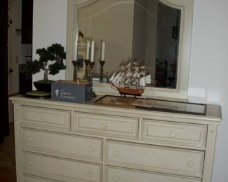 Kevin Charles Antiqued White 7 Drawer Dresser with Mirror.