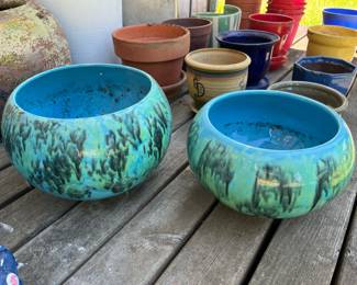 Assortment of Planters, Pair of Blue/Turquoise Drip Bowl Planters