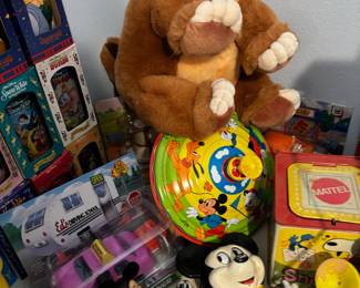 1988 Gund Little Foot The Land Before Time Dinosaur Plush, Mickey Mouse, Donald Duck, Pluto Tin Spinning Top, Illco Mickey Mouse Pull String Toy, 1966 Mattel Snoopy Music Box Jack-in-the-Box Toy