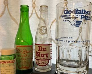  De Luxe Beverage Soda Pop Bottle, Dr. Nut Soda Pop Bottle, God Father's Pizza Large Stein 