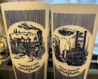 Currier and Ives Oven Glass White/Blue Tumblers