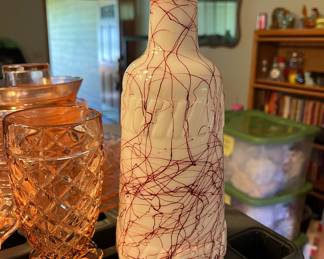 Assortment of Pink Depression Glass, Hazel Atlas Glass Red Spaghetti String Milk Glass Bottle