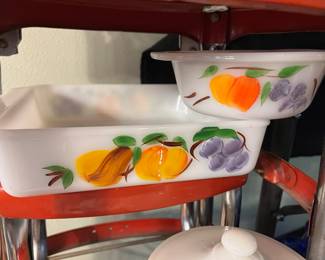 Set of 4 Fire King Milk Glass Bakeware with Fruit Pattern,