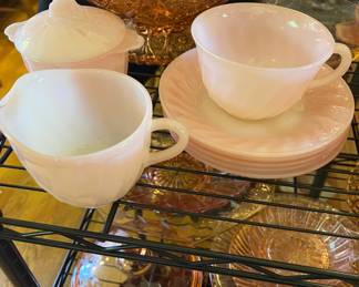 1950's Fire King Pink Swirl Teacup & Saucer, Sugar, Creamer, Assortment of Pink Depression Glass
