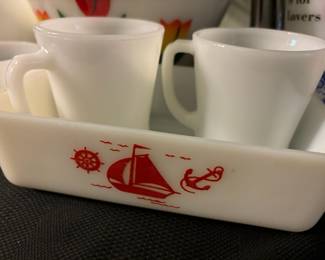 McKee Milk Glass Red Sailboat Refrigerator Dish 