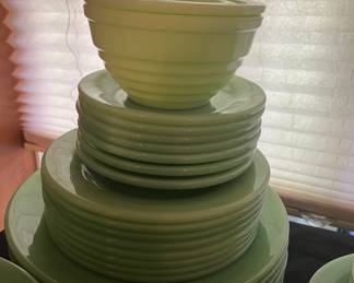 Pair of Jeannette Jadeite Cereal Bowls, 1950's Fire-King Jadeite Restaurant Ware Dinner Plates, Salad Plates, Saucers
