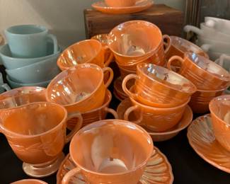 Fire King Oven Ware Peach Teacups & Saucers