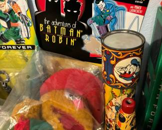 1988 Tim Henson & McDonald's Baby Fozzy Plush Bear, Walt Disney Productions Mickey Mouse, Goofy & Donald Duck Kaleidoscope, 1995 Kenner The Adventures Of Batman, Robin & Pogo Stick Joker 