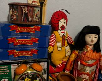 1985 McDonalds Ronald McDonald Plush Doll, Daher England Snow White and the Seven Dwarfs Tin, 1984 Ronald Mcdonald’s Digital Wrist Watch, 1997 Disney Anastasia Train Set, Circa 1970's  Big Bird Sesame Street Windup Alarm Clock, Japanese Ichimatsu Geisha Doll