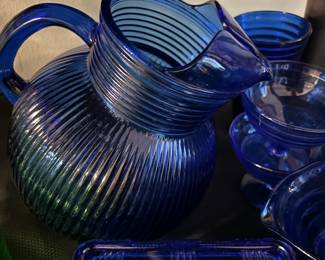 Hazel Atlas Colbalt Blue Ribbed Depression Glass Tilt Pitcher