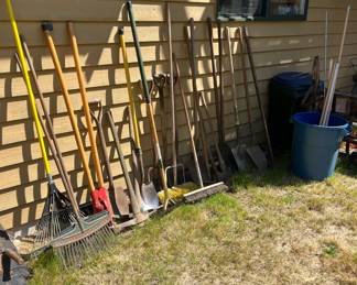 Assortment of Gardening Tools - Rakes, Shovels, Pickaxe, Lawn Aerator Rake