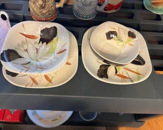 Red Wing Pottery with Lotus Pattern - Salad Bowl, 2 Salad Plates, Dipping Bowl