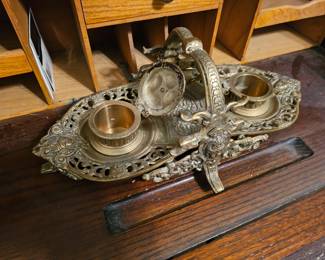 Antique 19thC Victorian Bronze Gothic Desktop Double Inkwell
