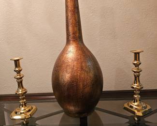 Toyo Bronze Colored Vases & a Pair of Brass Candlesticks 