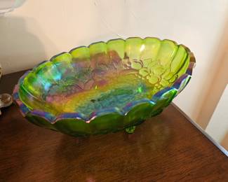 Vintage Green Carnival Glass Centerpiece Bowl