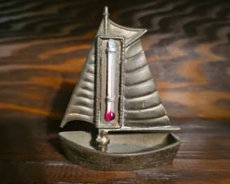 Vintage Brass Desk Thermometer - Sail Boat
