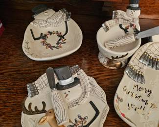 Fitz and Floyd Wintry Woods Snowman Snack Plate and Footed Bowl