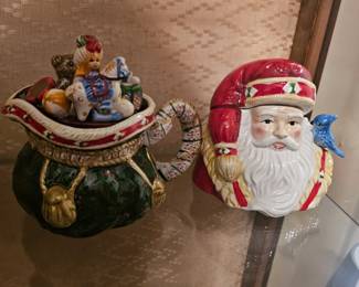 Studio Nova Woodland Holly Santa Toysack Teapot  & Studio Nova Woodland Holly Santa Ceramic Trinket Box Candy Dish Sugar Bowl