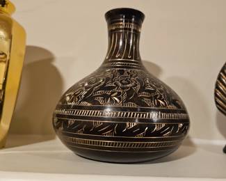 Vintage Etched Black & Brass Vase  with Floral/ Leaf Background 