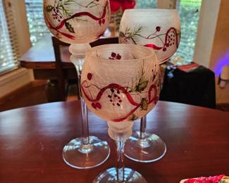 Set of Three Frosted Candle Holders with Holly & Pinecones Painted on them