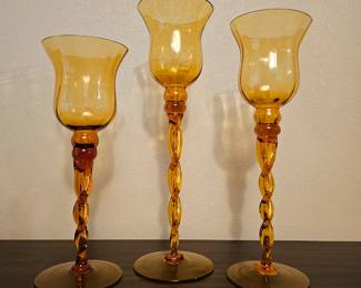 Trio of Amber Glass Candlesticks 
