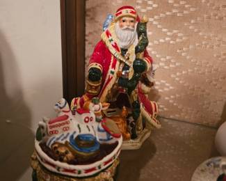 Studio Nova Woodland Holly Santa Hand Painted 12" Cookie Jar & Studio Nova whimsical Woodland Holly Santa Teapot Santa's Bag Of Toys  