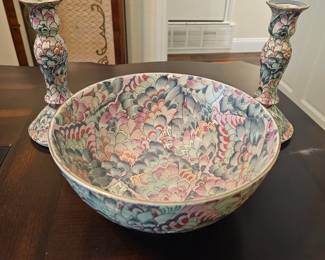 Andrea by Sadek Floral Bowl with Matching Candlesticks 