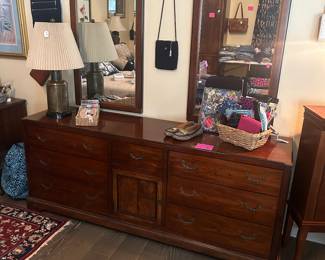 Mount Airy N. Carolina King size bedroom suite, very high quality Furniture including dresser with 2 mirrors, 2 bed side tables, Gentlemans clothing Armoire and King size headboard and frame. 