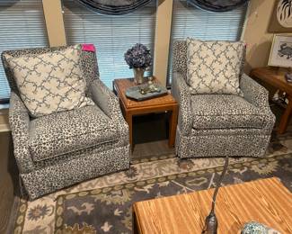 Pair of upholstered Blue and white leopard print swivel chairs