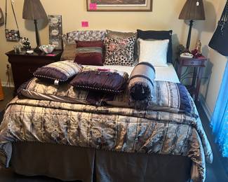 Queen size Tempurpedic mattress set with frame, linens