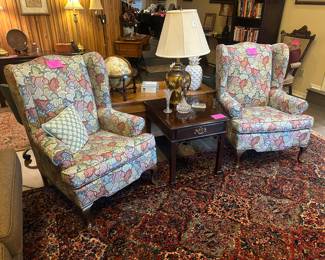 Pair of wing chairs, 2 Henredon end tables with drawer and pair of heavy brass lamps