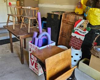 $ Black Antique Steamer trunk, $.   Primitive Wooden trunk.  $.   Truck bed box.  $10ea (3) Childs SOLD-Antique desk