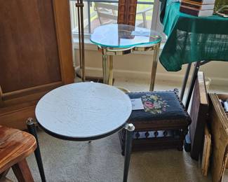 SOLD Brass & Glass clover table.  SOLD- MCM end table & footstool